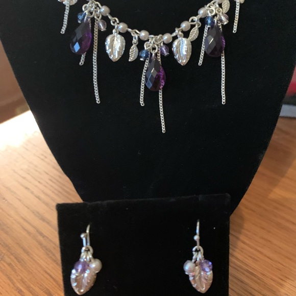 Feather Beaded Earrings & Necklace Set, NWOT, Never Worn, Purple and Silver - Picture 2 of 15